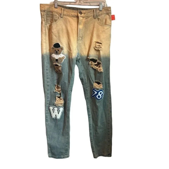 No Brand Other - Weird fuzzy patch teddy bear distressed colorblocked 34 waist denim